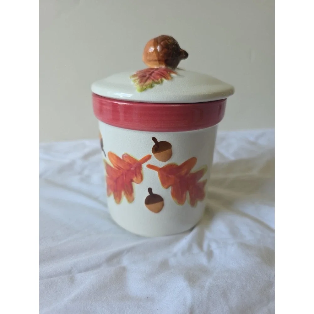 Hallmark Ceramic Acorn Crock Jar With Lid‎ Embossed Fall Oak Leaves Autumn